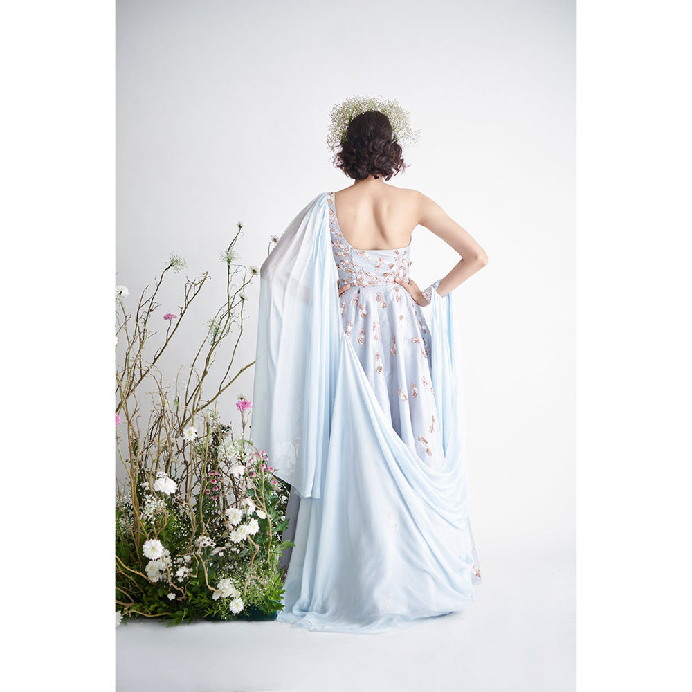 Masumi Mewawalla Light Blue Embroidered & Sequins Draped Gown