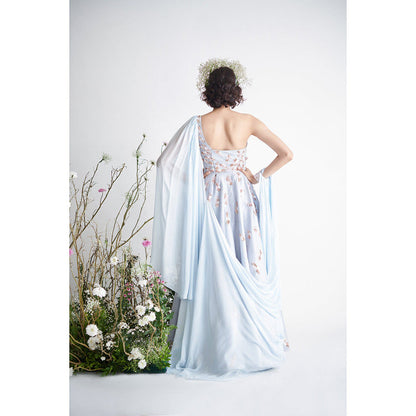 Masumi Mewawalla Light Blue Embroidered & Sequins Draped Gown