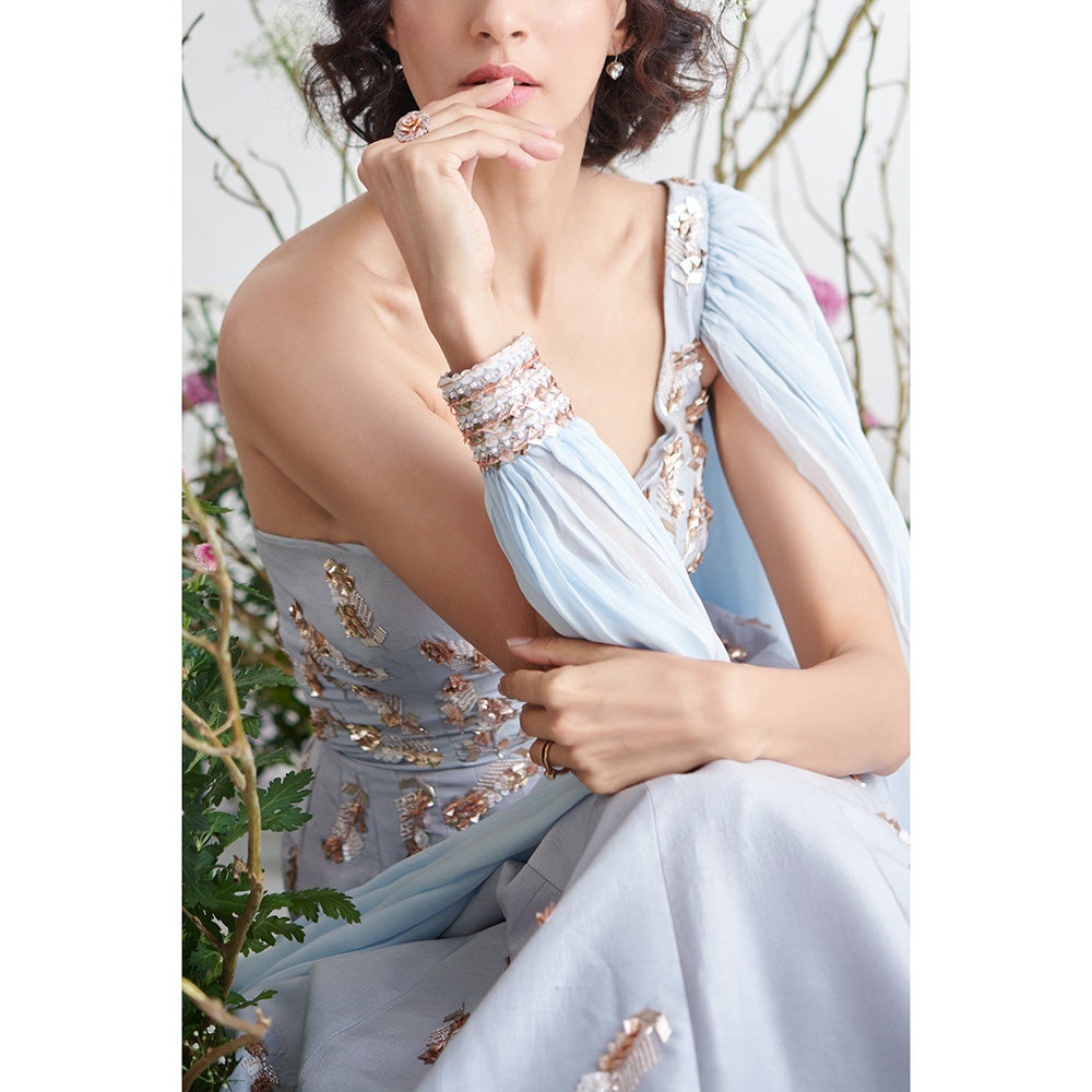 Masumi Mewawalla Light Blue Embroidered & Sequins Draped Gown