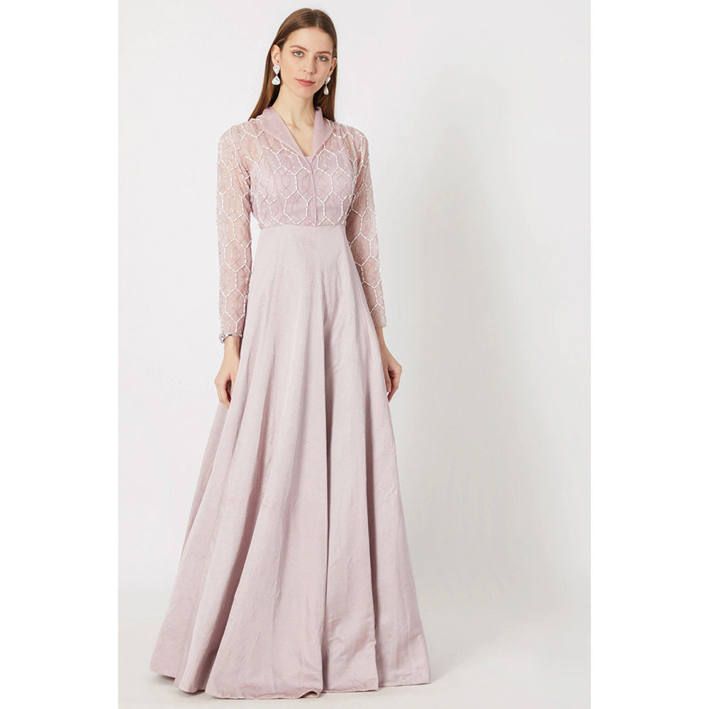 Masumi Mewawalla Lavender Geometric Embroidered Gown