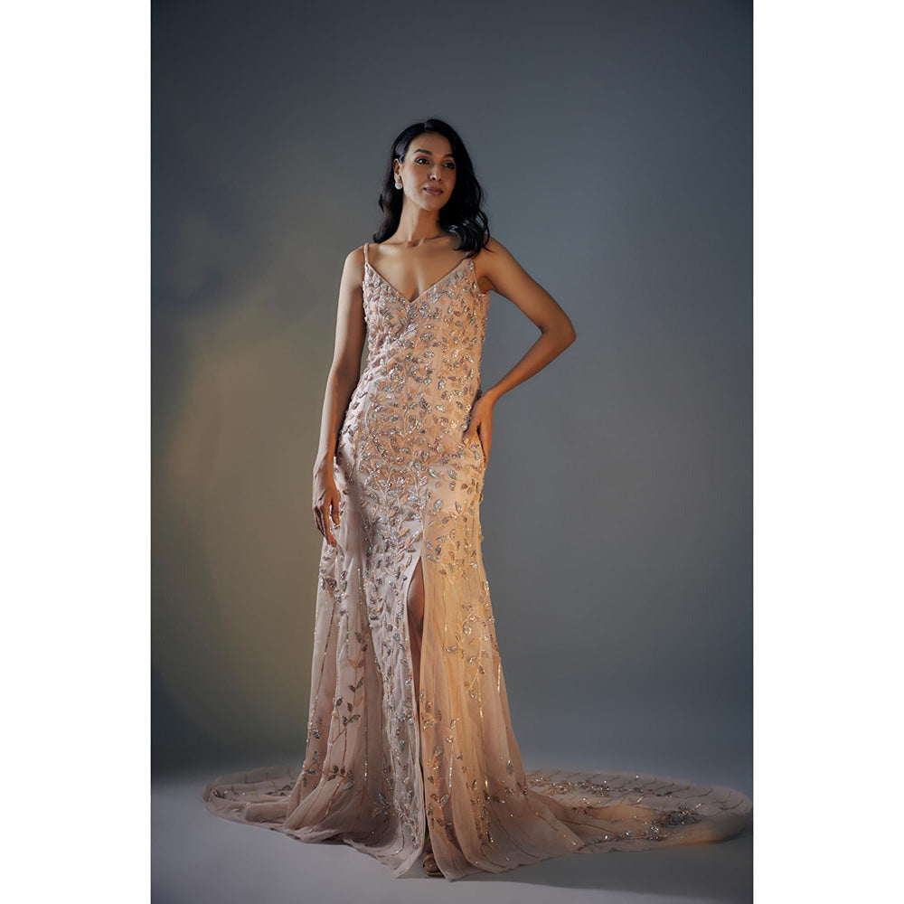 Masumi Mewawalla Rose Gold 3D Embroidered Trail Gown With Slit (Set of 2)