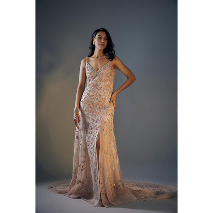 Masumi Mewawalla Rose Gold 3D Embroidered Trail Gown With Slit (Set of 2)