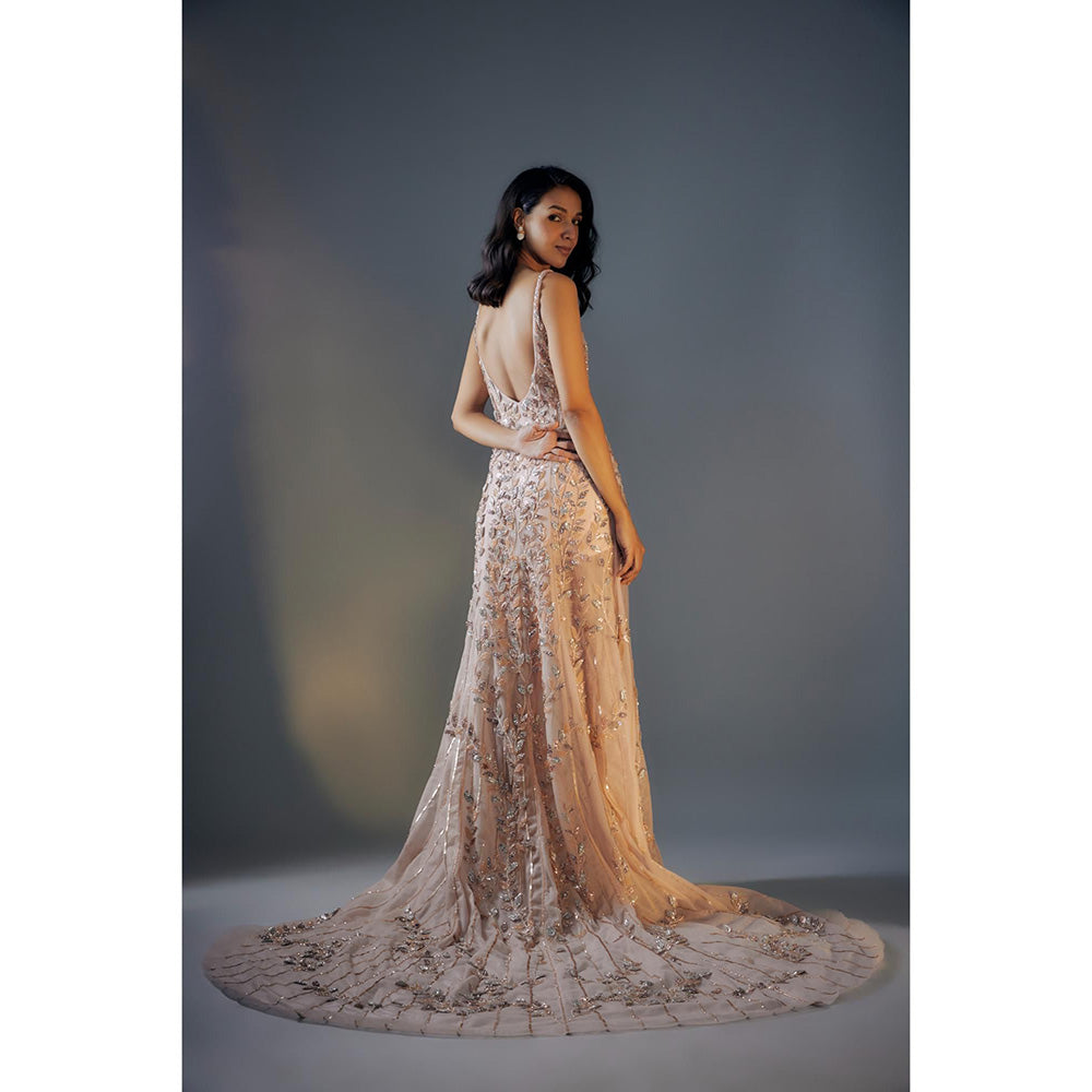 Masumi Mewawalla Rose Gold 3D Embroidered Trail Gown With Slit (Set of 2)