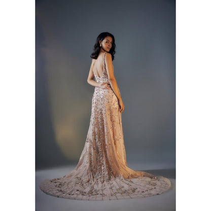 Masumi Mewawalla Rose Gold 3D Embroidered Trail Gown With Slit (Set of 2)