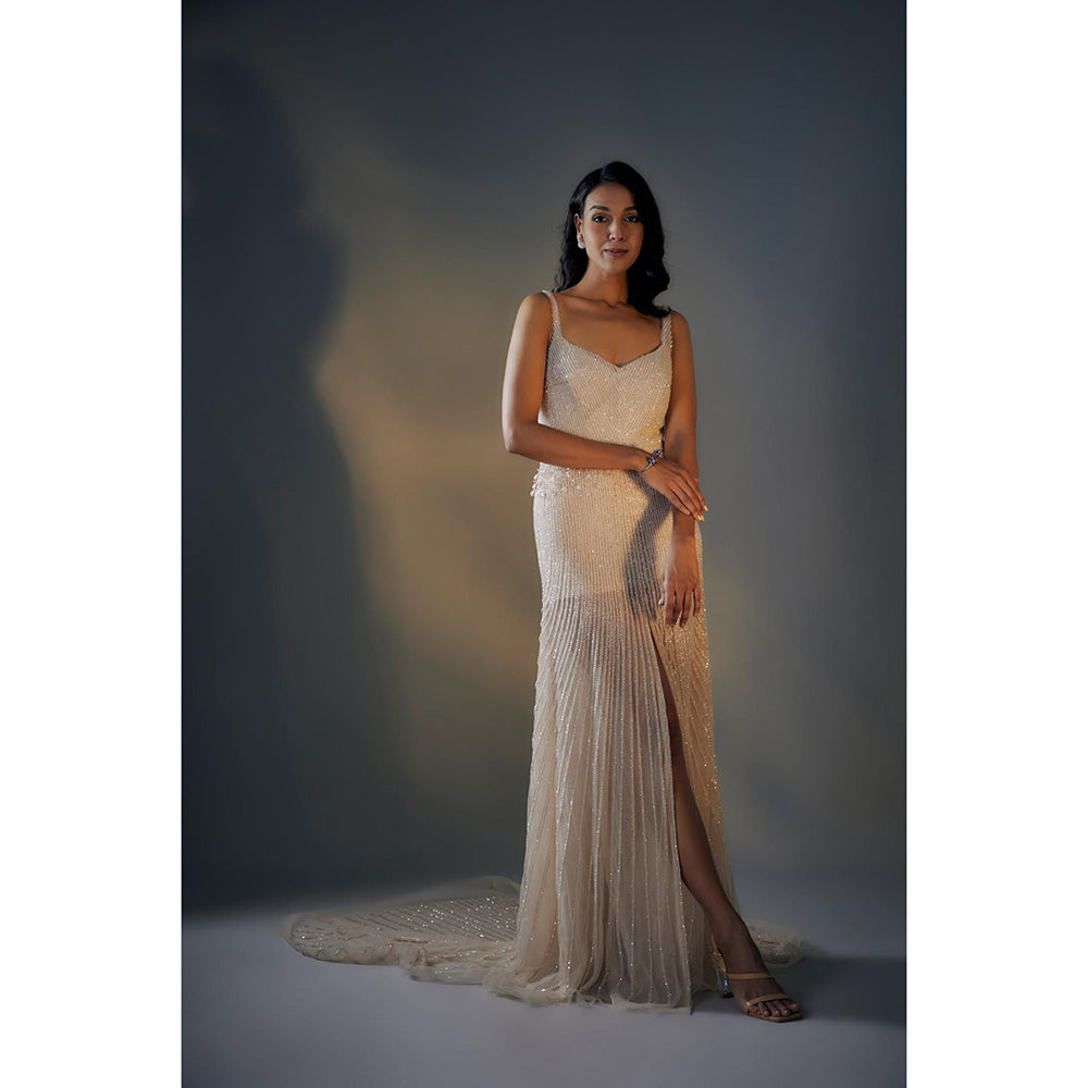 Masumi Mewawalla Beige Embroidered Trail Gown With Slit (Set of 2)