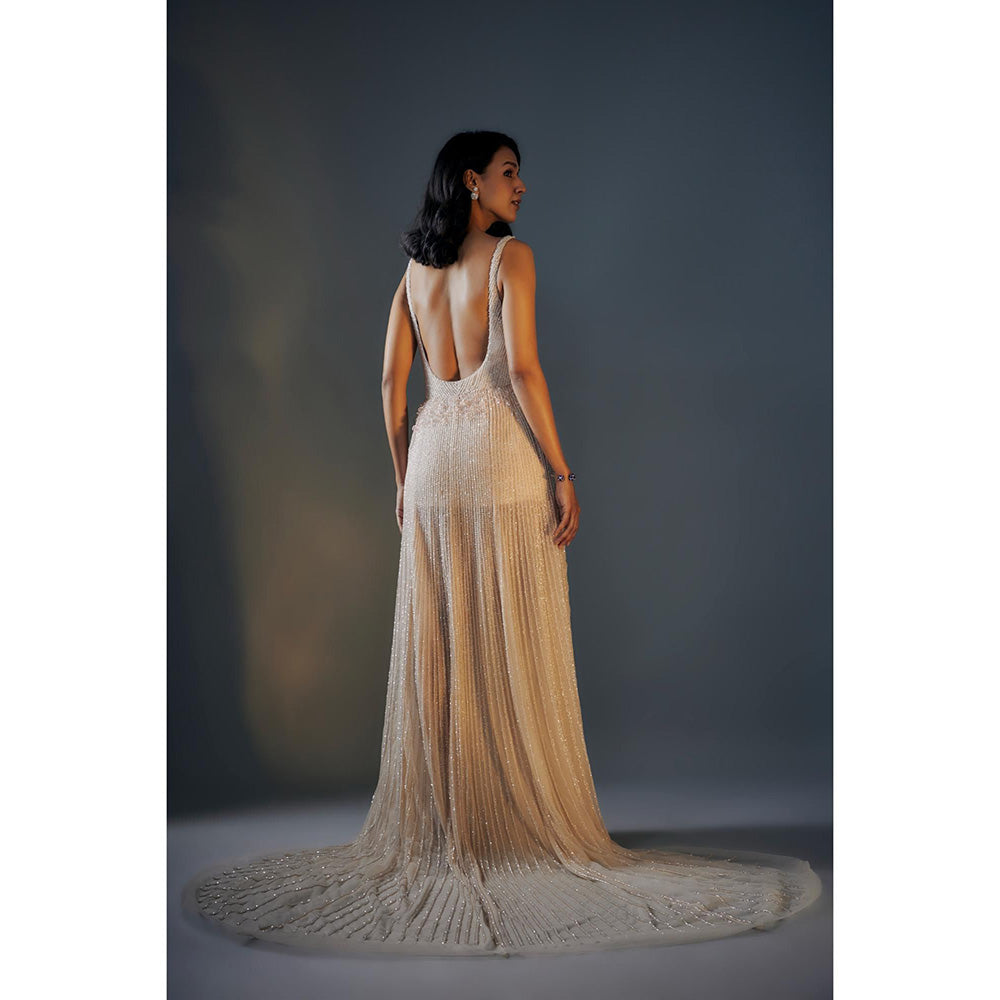 Masumi Mewawalla Beige Embroidered Trail Gown With Slit (Set of 2)