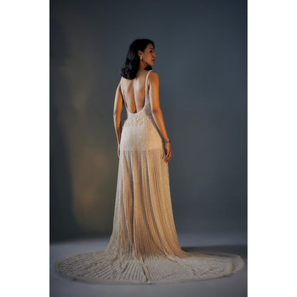 Masumi Mewawalla Beige Embroidered Trail Gown With Slit (Set of 2)