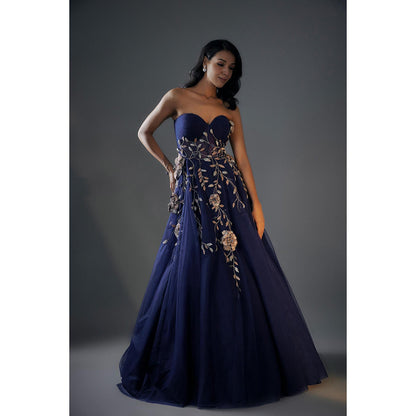 Masumi Mewawalla Navy Blue 3D Embroidered Gown
