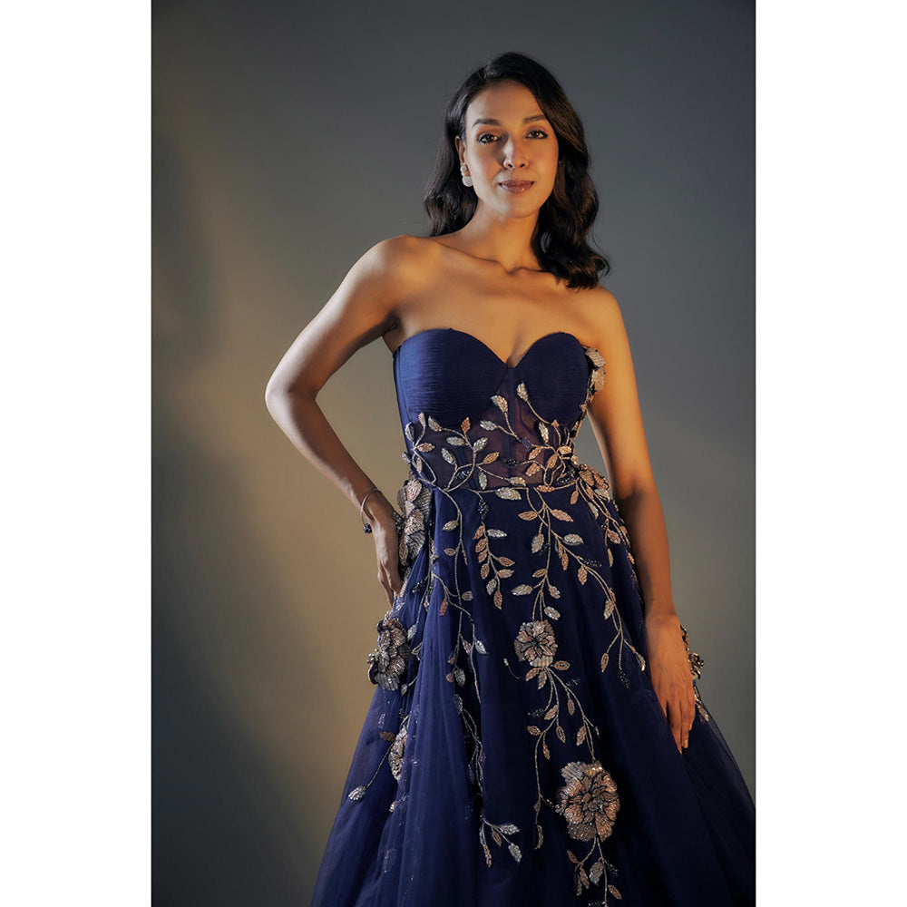 Masumi Mewawalla Navy Blue 3D Embroidered Gown