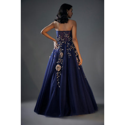 Masumi Mewawalla Navy Blue 3D Embroidered Gown