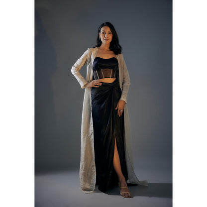 Masumi Mewawalla Black Embroidered Corset With Draped Skirt And Colour Block Jacket (Set of 3)