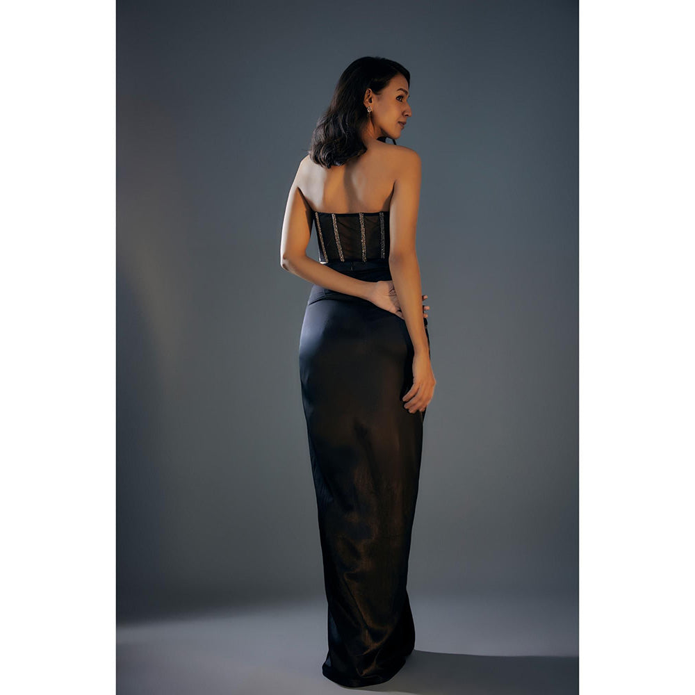 Masumi Mewawalla Black Embroidered Corset With Draped Skirt And Colour Block Jacket (Set of 3)