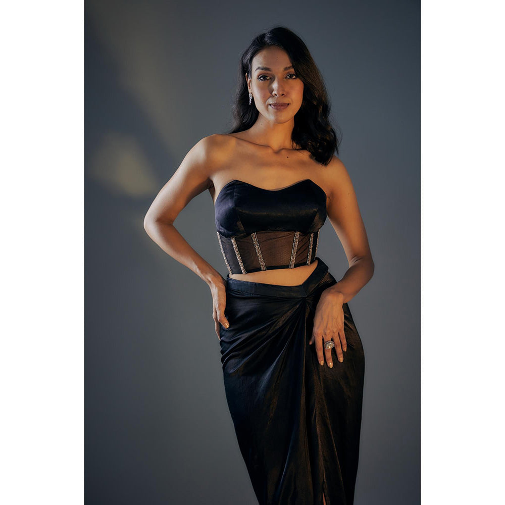Masumi Mewawalla Black Embroidered Corset With Draped Skirt And Colour Block Jacket (Set of 3)