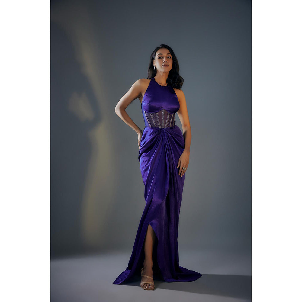 Masumi Mewawalla Blue Halter Neck Embroidered Corset Gown