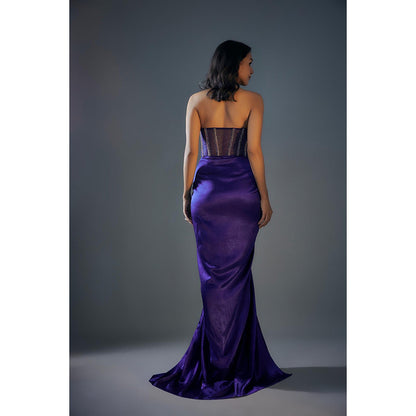 Masumi Mewawalla Blue Halter Neck Embroidered Corset Gown