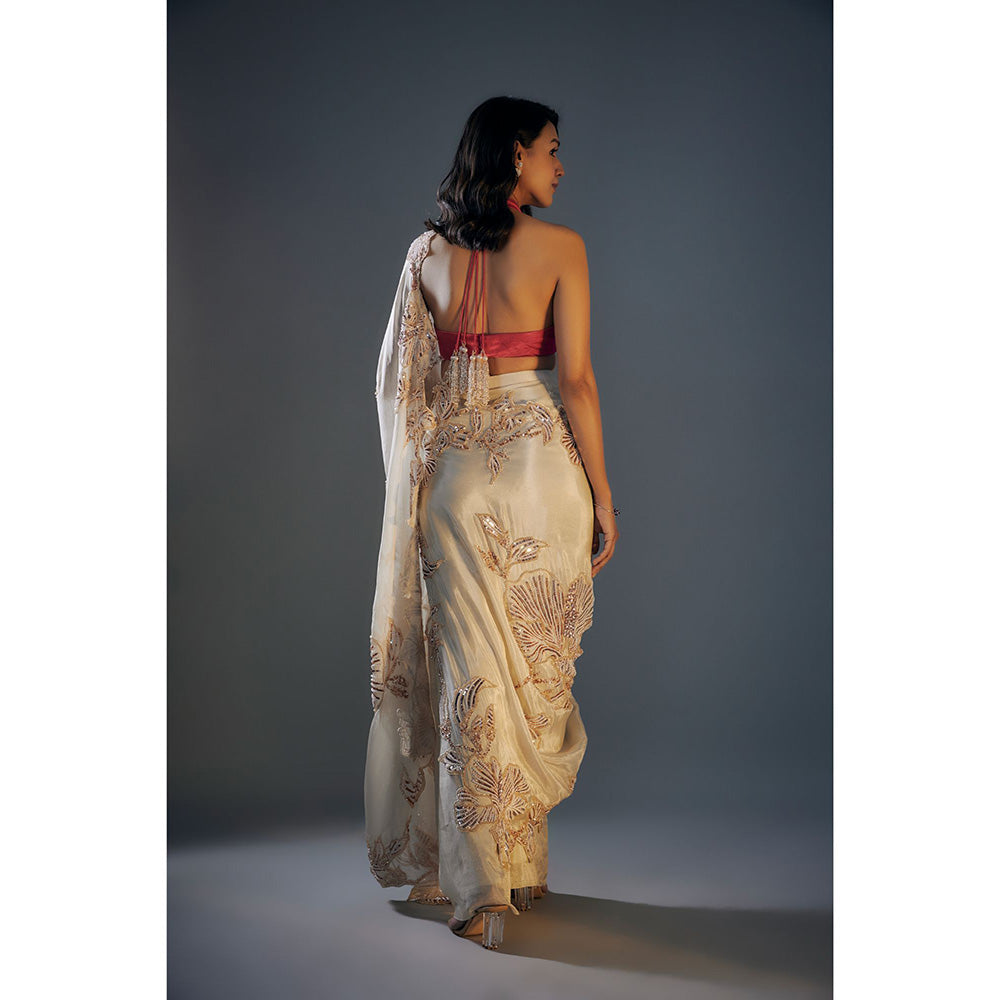 Masumi Mewawalla Pre Draped Beige Embroidered Saree with Pink Stitched Blouse