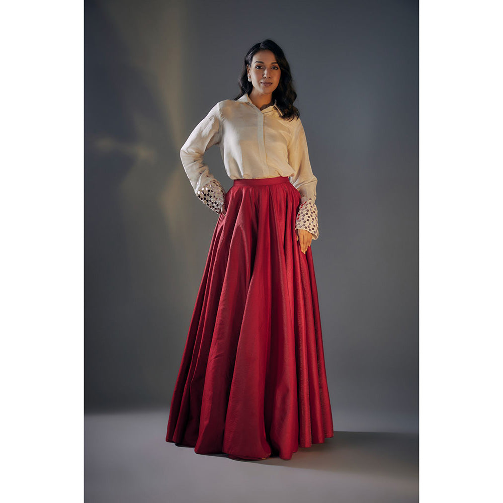 Masumi Mewawalla Beige Embroidered Shirt with Red Lehenga (Set of 2)