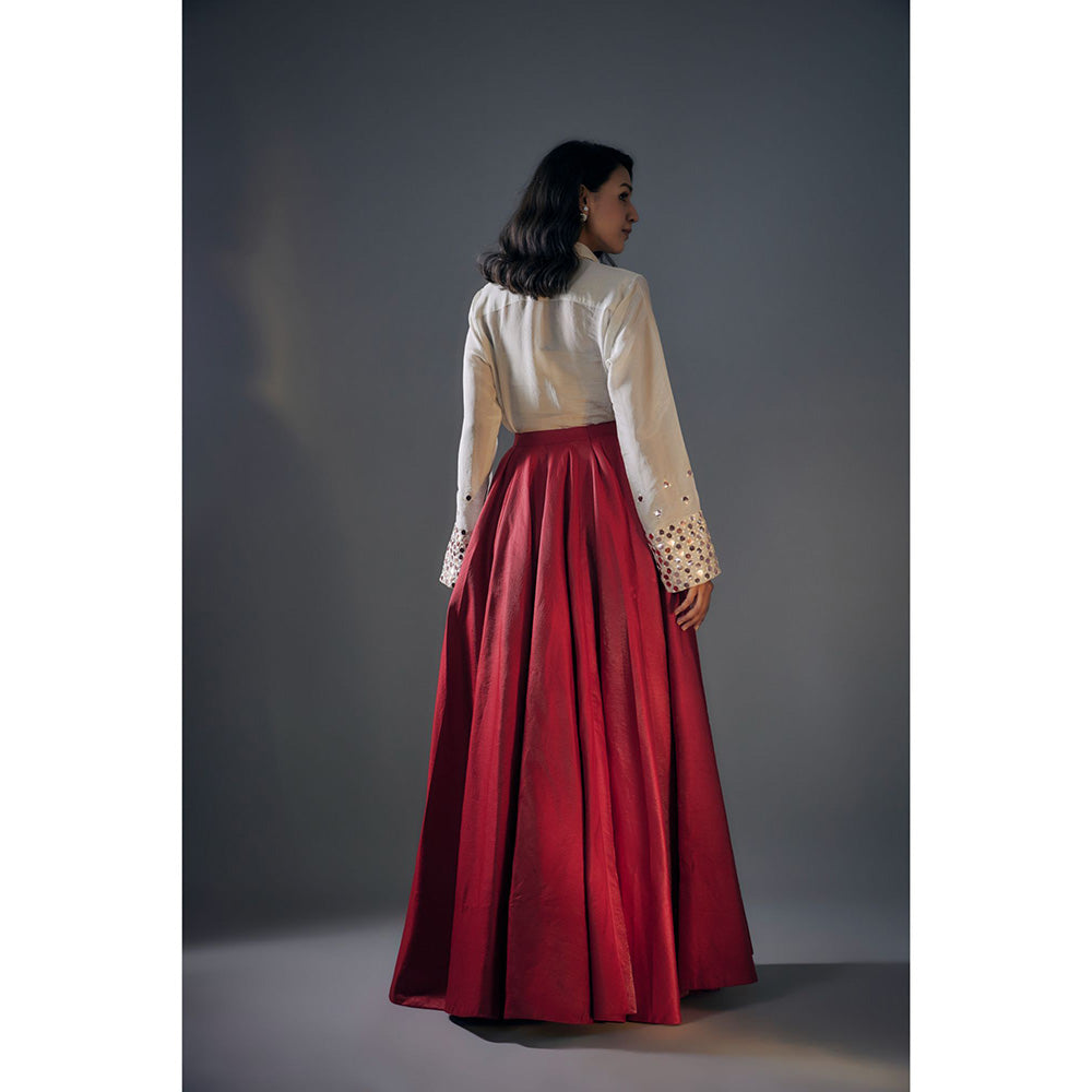 Masumi Mewawalla Beige Embroidered Shirt with Red Lehenga (Set of 2)