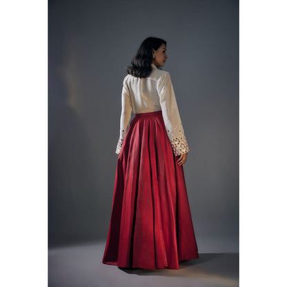 Masumi Mewawalla Beige Embroidered Shirt with Red Lehenga (Set of 2)