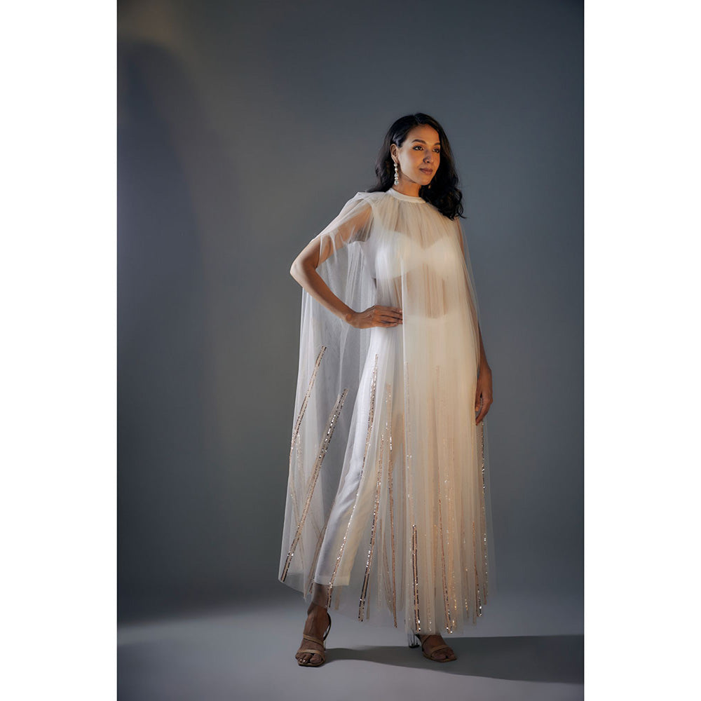 Masumi Mewawalla White Embroidered Pant and Bustier Top with Cape (Set of 3)