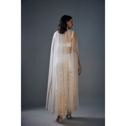 Masumi Mewawalla White Embroidered Pant and Bustier Top with Cape (Set of 3)