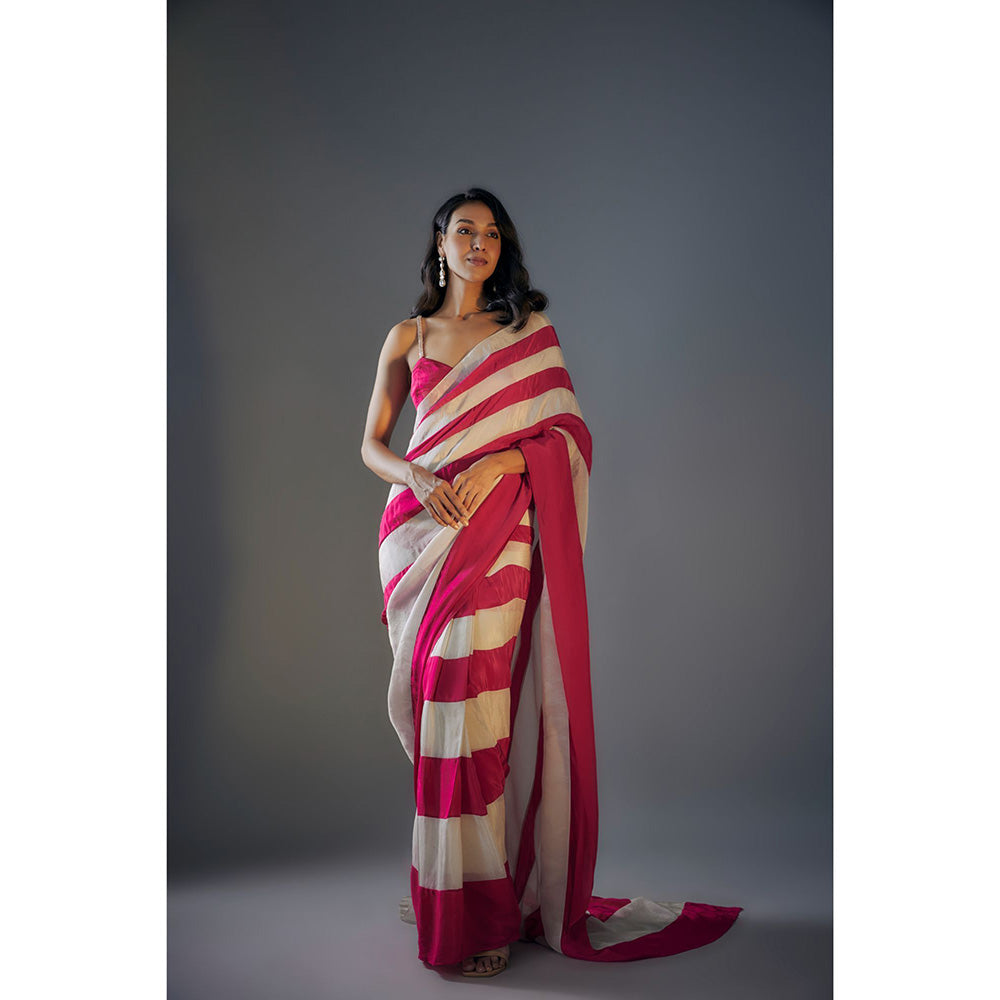 Masumi Mewawalla Pre Draped Hot Pink Gold Color Block Saree with Embroidered Stitched Blouse
