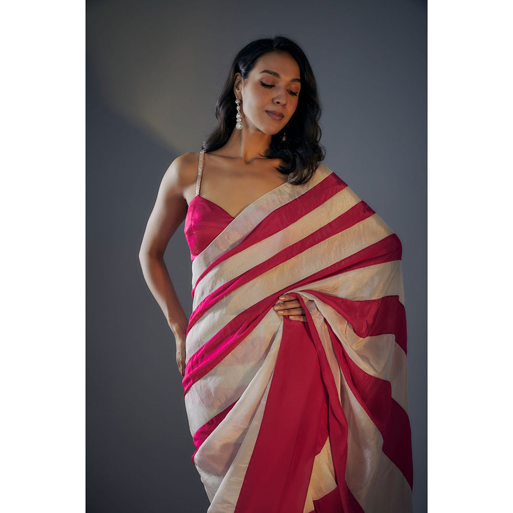 Masumi Mewawalla Pre Draped Hot Pink Gold Color Block Saree with Embroidered Stitched Blouse