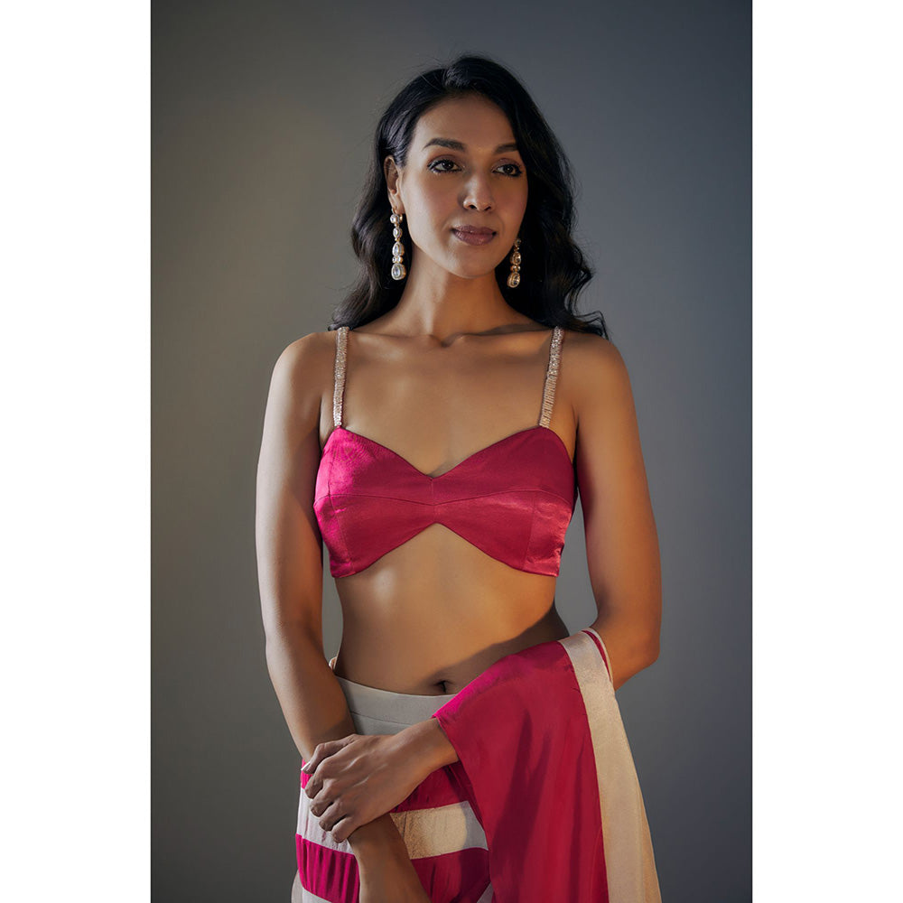 Masumi Mewawalla Pre Draped Hot Pink Gold Color Block Saree with Embroidered Stitched Blouse