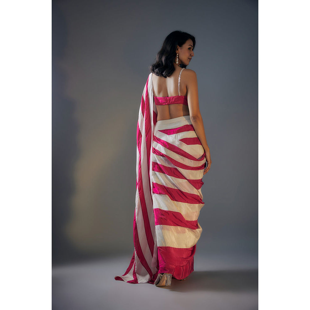 Masumi Mewawalla Pre Draped Hot Pink Gold Color Block Saree with Embroidered Stitched Blouse