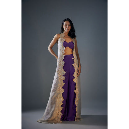 Masumi Mewawalla Purple Palazzo and Bustier Top with Gold Embroidered Jacket (Set of 3)
