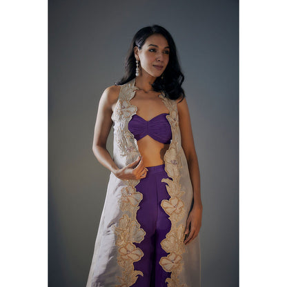 Masumi Mewawalla Purple Palazzo and Bustier Top with Gold Embroidered Jacket (Set of 3)