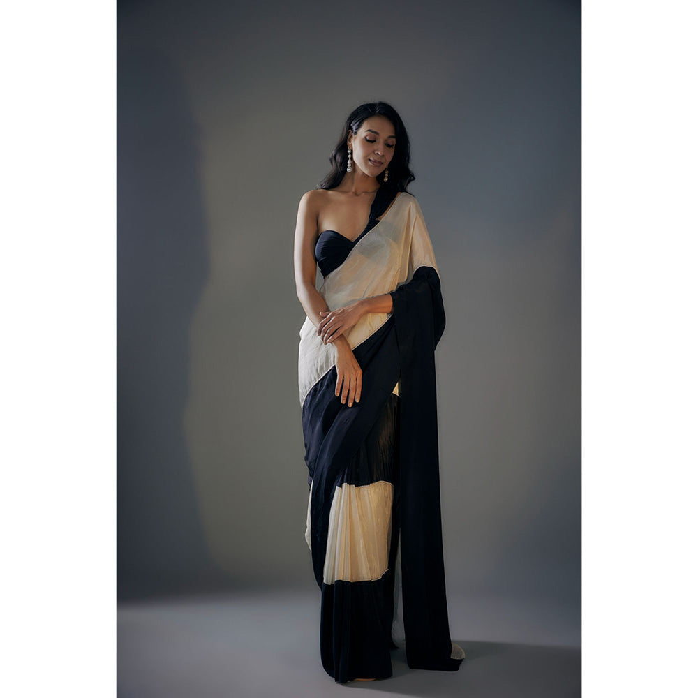 Masumi Mewawalla Pre Draped Black and Light Gold Tissue Saree with Stitched Blouse