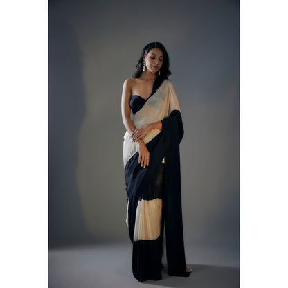 Masumi Mewawalla Pre Draped Black and Light Gold Tissue Saree with Stitched Blouse