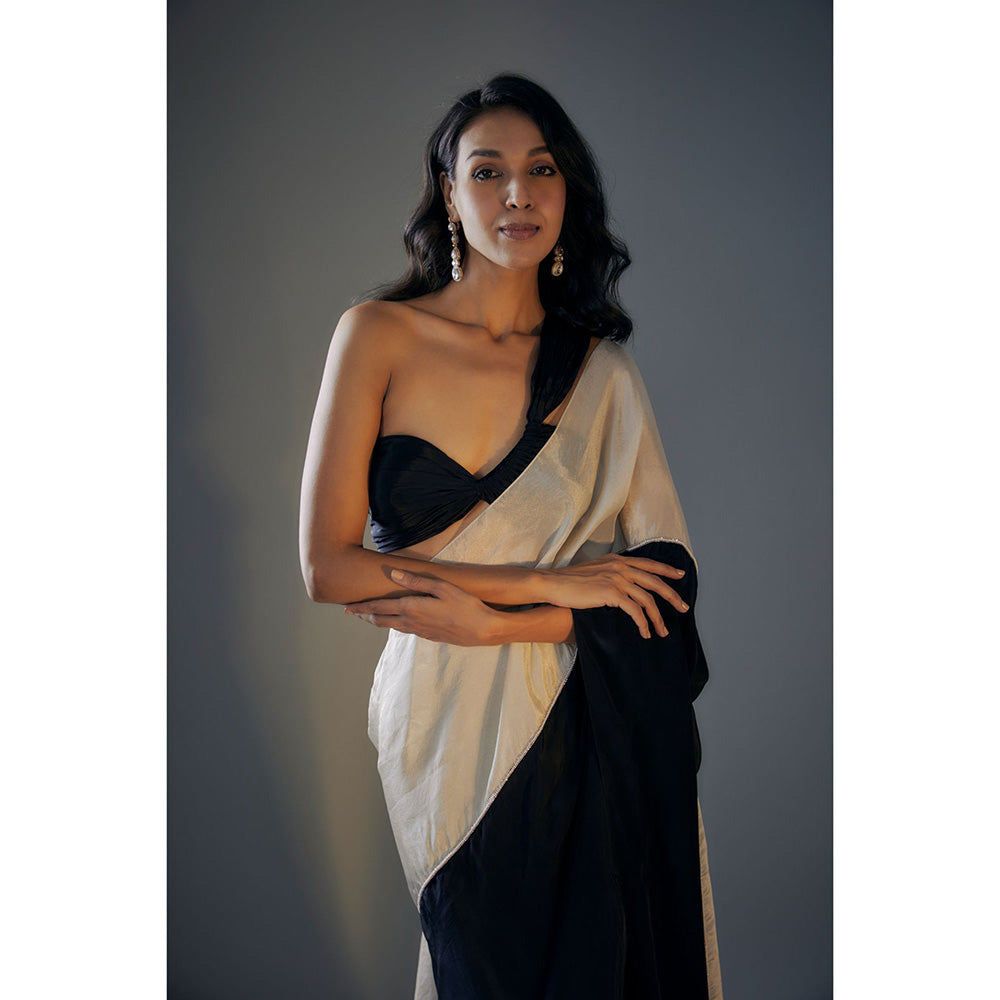 Masumi Mewawalla Pre Draped Black and Light Gold Tissue Saree with Stitched Blouse