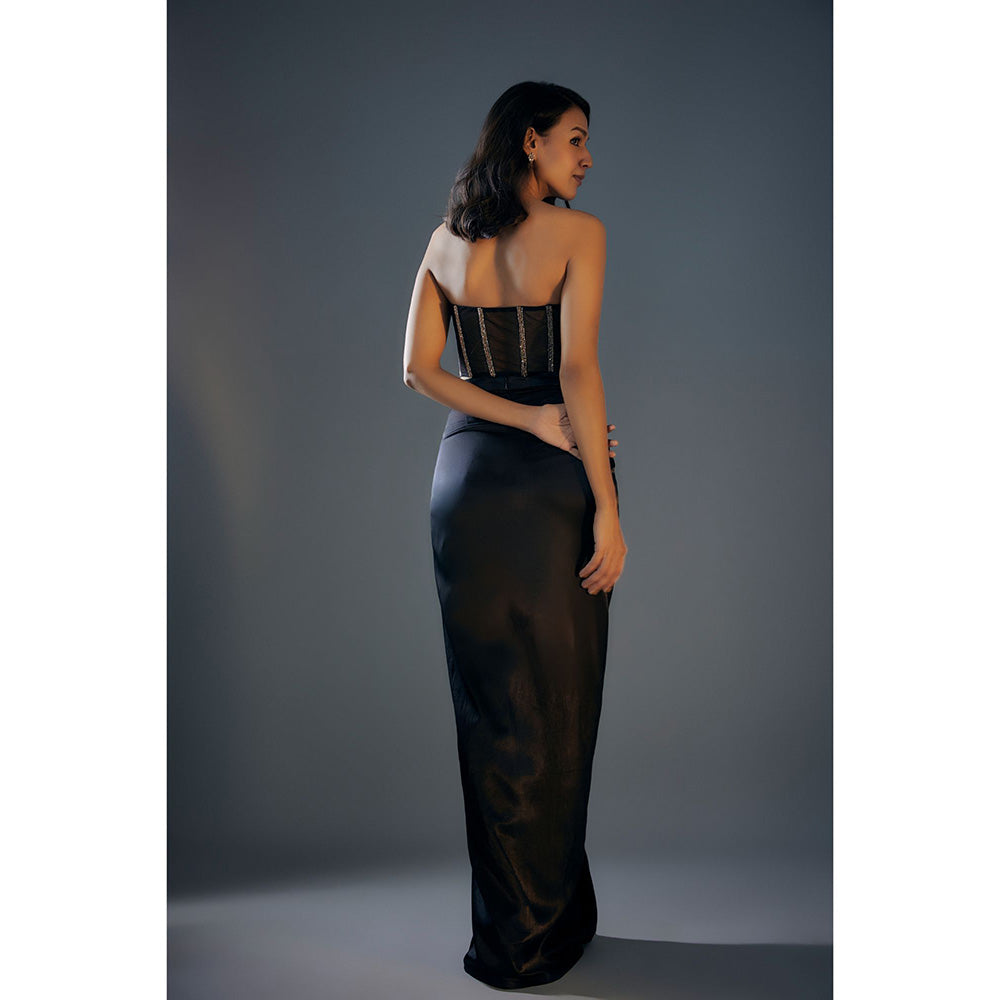 Masumi Mewawalla Black Embroidered Bustier Top with Draped Skirt and Jacket Co-Ord (Set of 3)