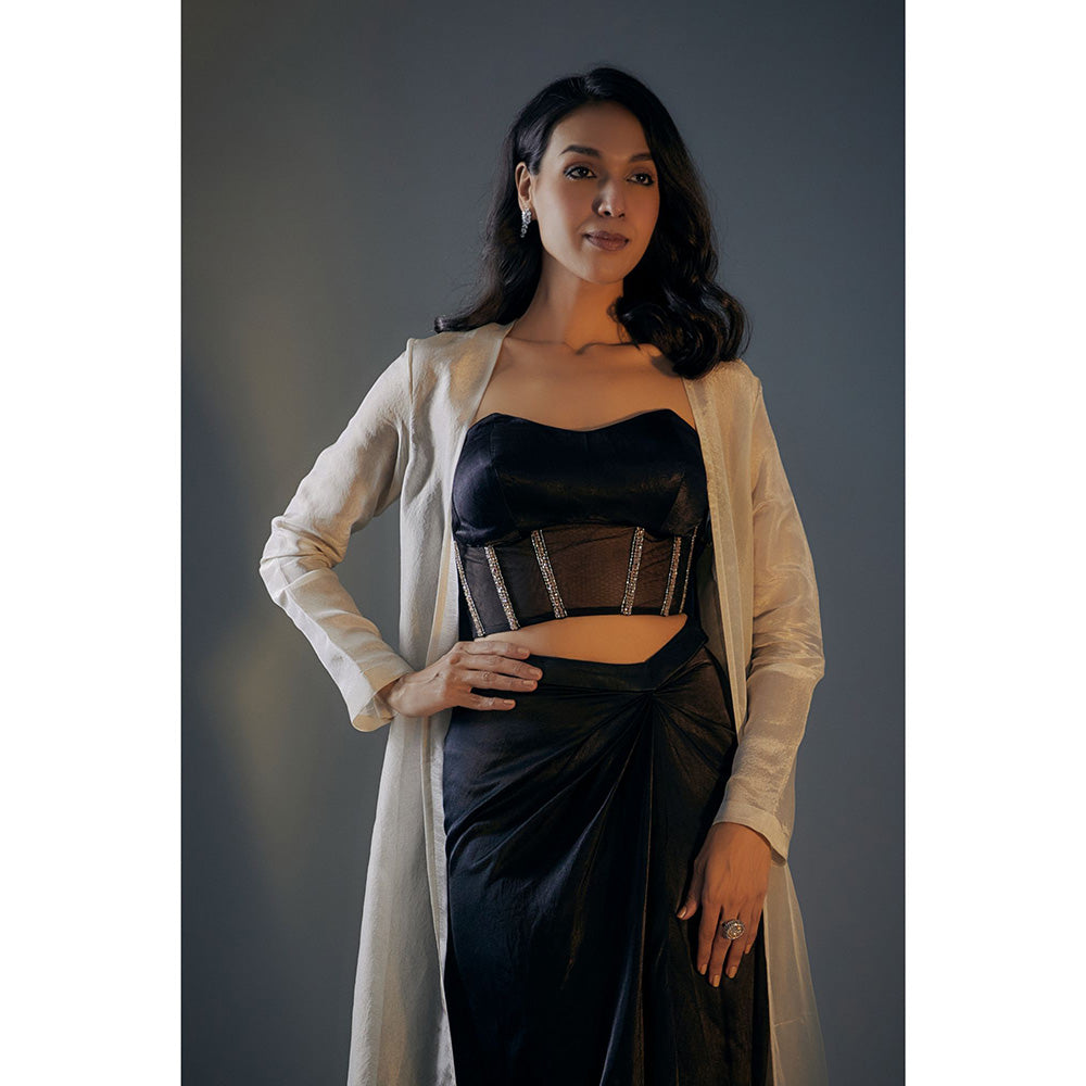 Masumi Mewawalla Black Embroidered Bustier Top with Draped Skirt and Jacket Co-Ord (Set of 3)