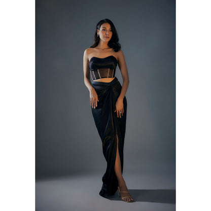 Masumi Mewawalla Black Embroidered Bustier Top with Draped Skirt and Jacket Co-Ord (Set of 3)