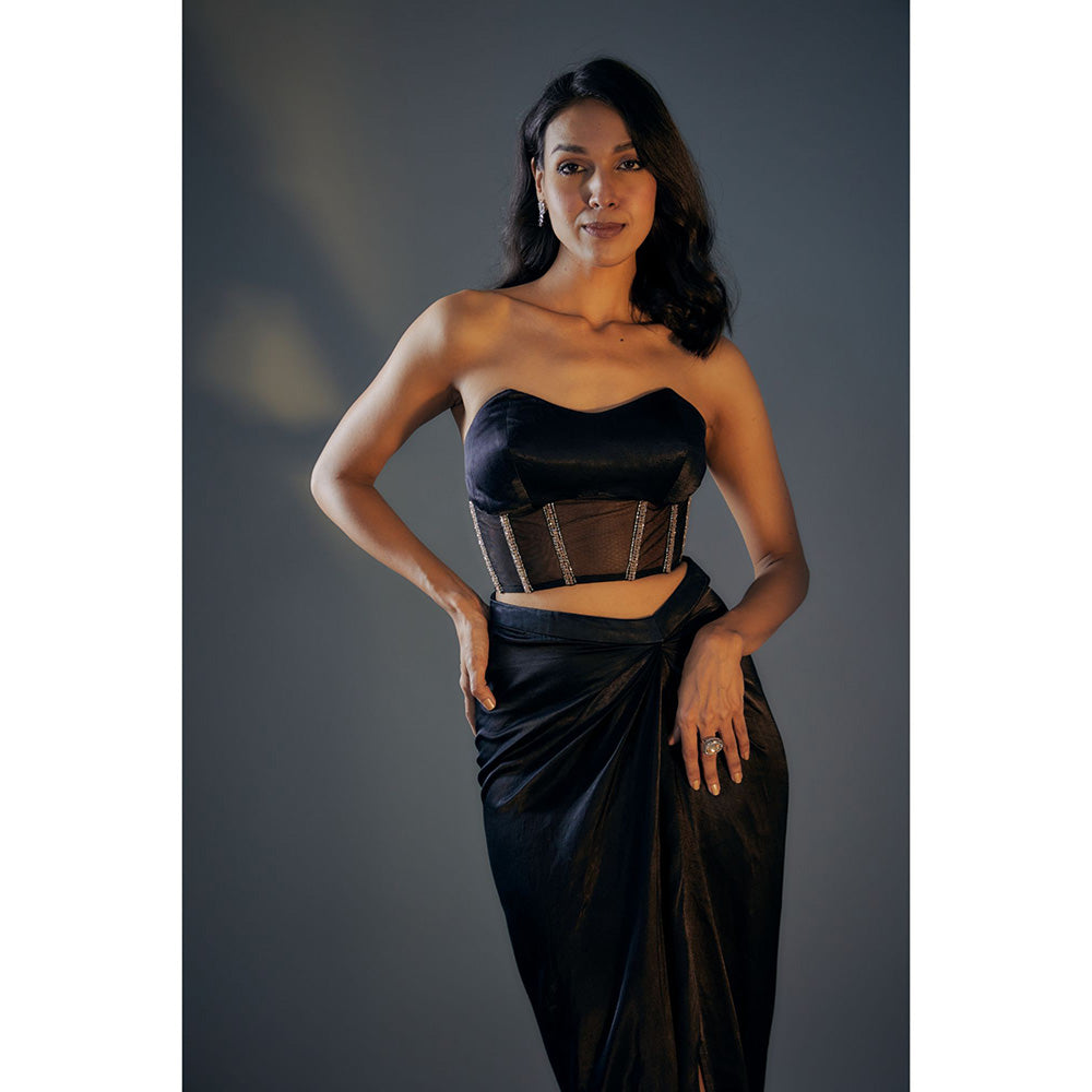 Masumi Mewawalla Black Embroidered Bustier Top with Draped Skirt and Jacket Co-Ord (Set of 3)
