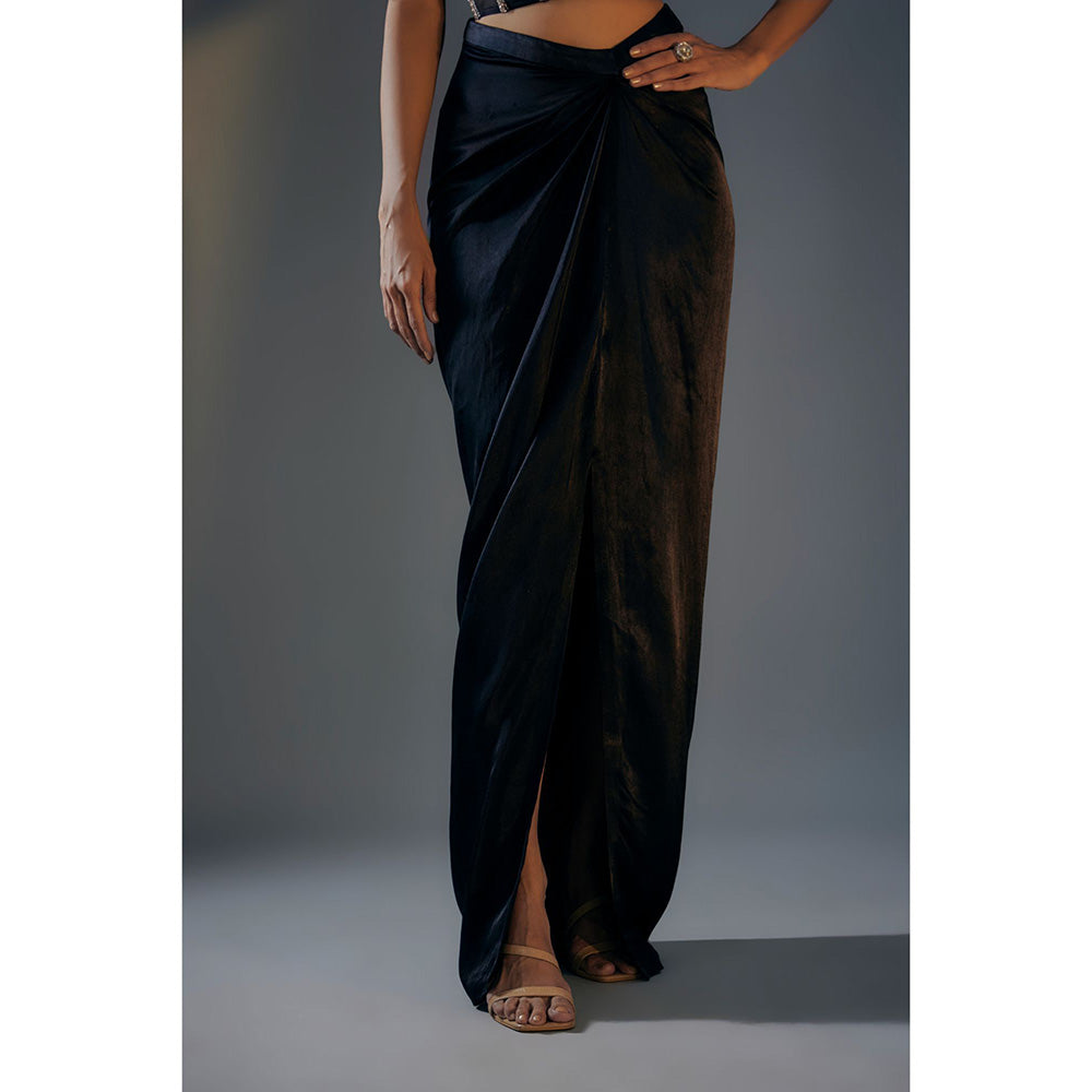 Masumi Mewawalla Black Embroidered Bustier Top with Draped Skirt and Jacket Co-Ord (Set of 3)