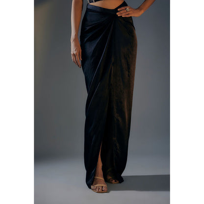 Masumi Mewawalla Black Embroidered Bustier Top with Draped Skirt and Jacket Co-Ord (Set of 3)
