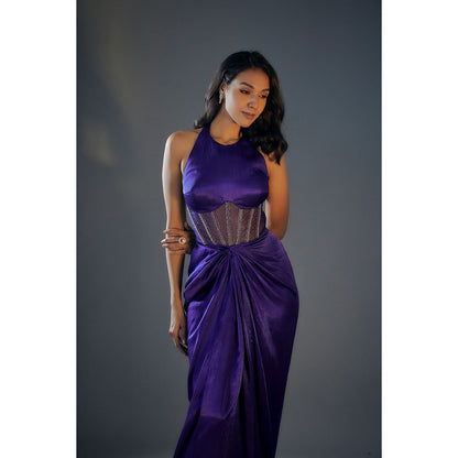 Masumi Mewawalla Blue Halter Neck Embroidered Corset Gown