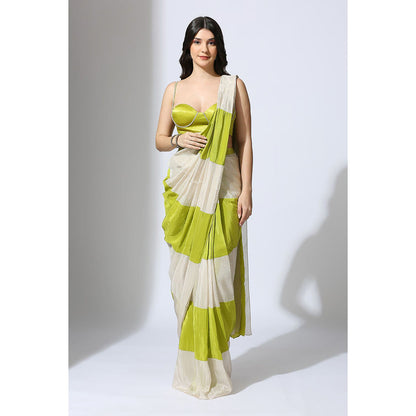 Masumi Mewawalla Pre Draped Lime Green Color Block Saree with Embroidered Stitched Blouse