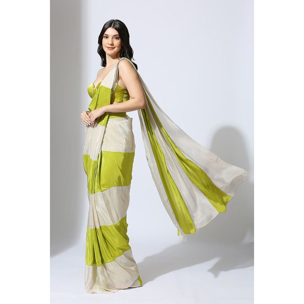 Masumi Mewawalla Pre Draped Lime Green Color Block Saree with Embroidered Stitched Blouse