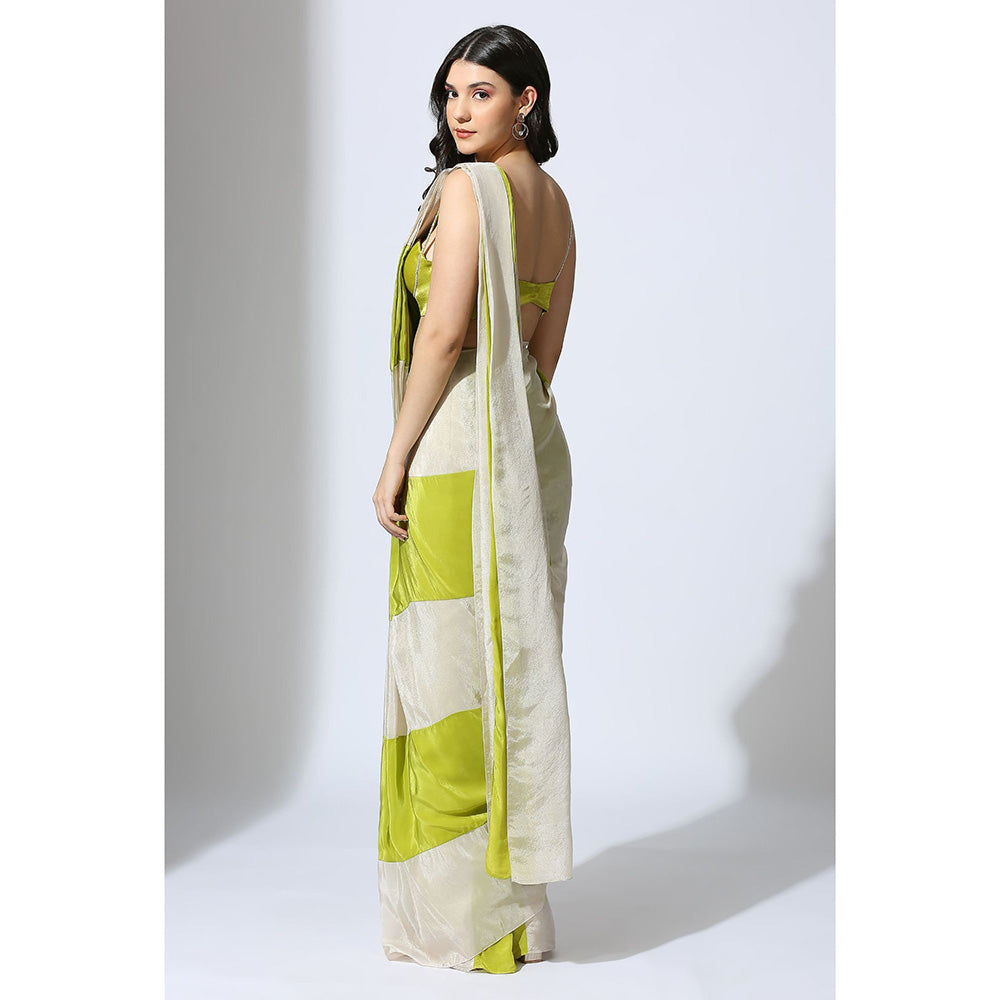 Masumi Mewawalla Pre Draped Lime Green Color Block Saree with Embroidered Stitched Blouse