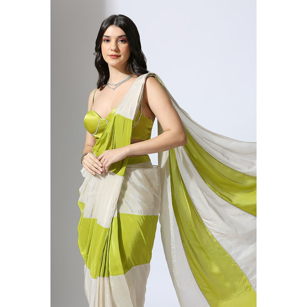 Masumi Mewawalla Pre Draped Lime Green Color Block Saree with Embroidered Stitched Blouse