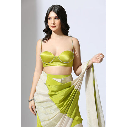 Masumi Mewawalla Pre Draped Lime Green Color Block Saree with Embroidered Stitched Blouse
