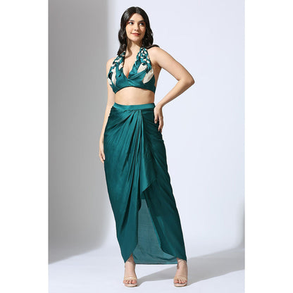 Masumi Mewawalla Teal Green and Color Block Blouse with Drape Skirt (Set of 2)