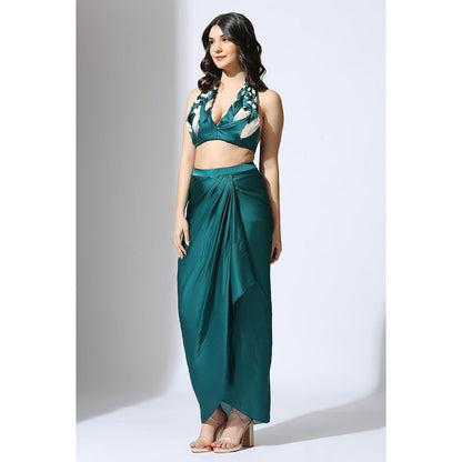 Masumi Mewawalla Teal Green and Color Block Blouse with Drape Skirt (Set of 2)