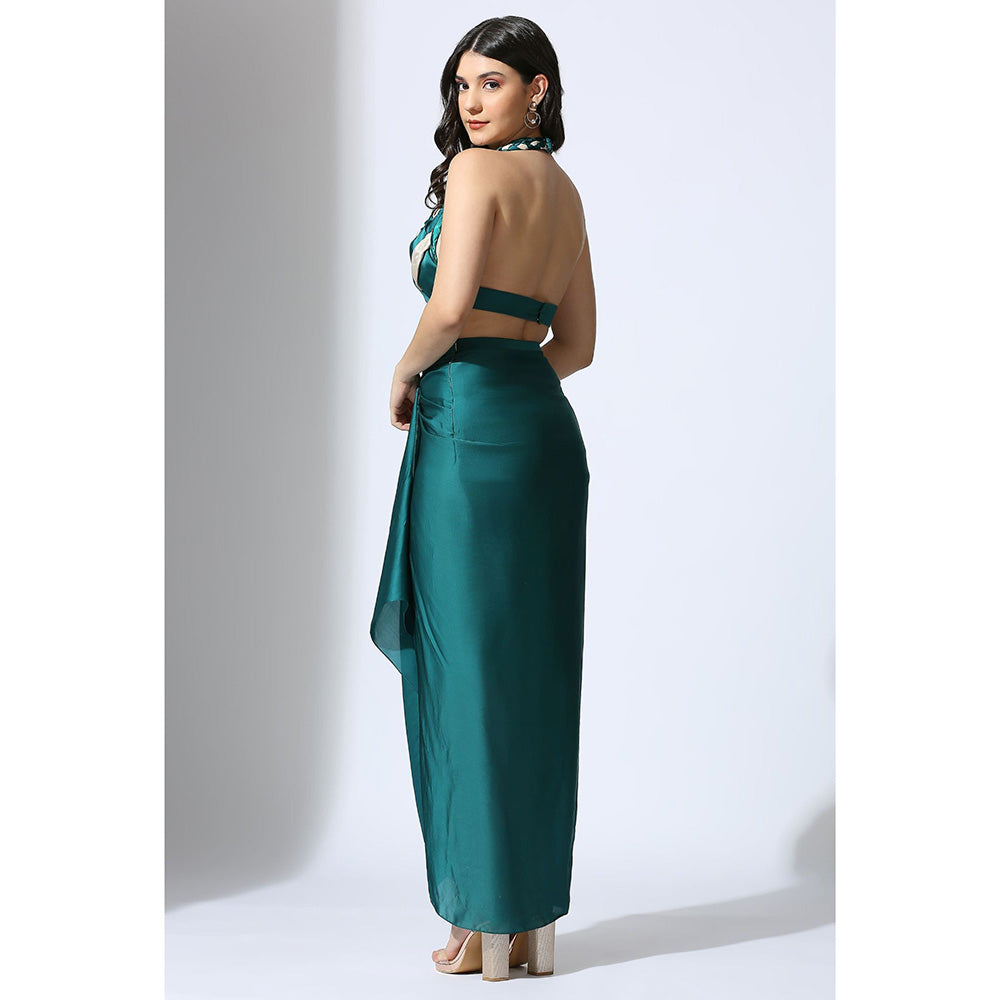 Masumi Mewawalla Teal Green and Color Block Blouse with Drape Skirt (Set of 2)