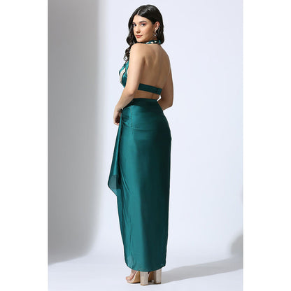 Masumi Mewawalla Teal Green and Color Block Blouse with Drape Skirt (Set of 2)